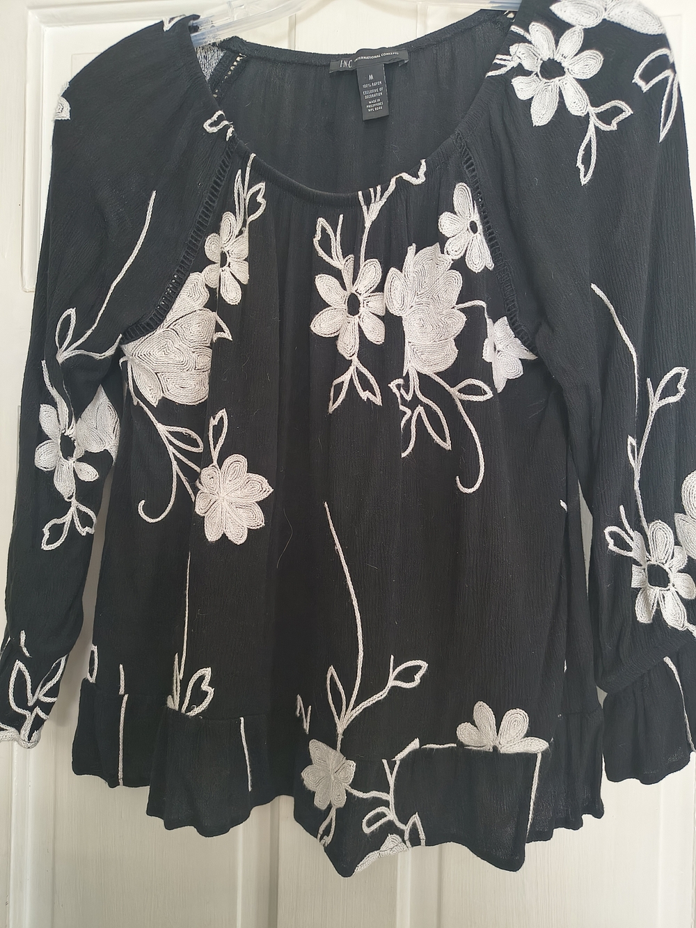 INC International Concepts Black Peasant Blouse with White Floral Embroidery